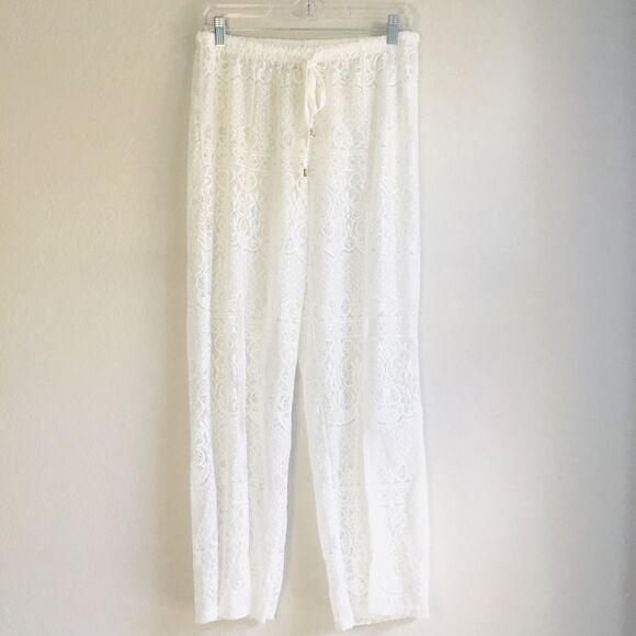 Pants - Cover up beach pants creamy white elastic waist embroidery boho beach  lagenlook